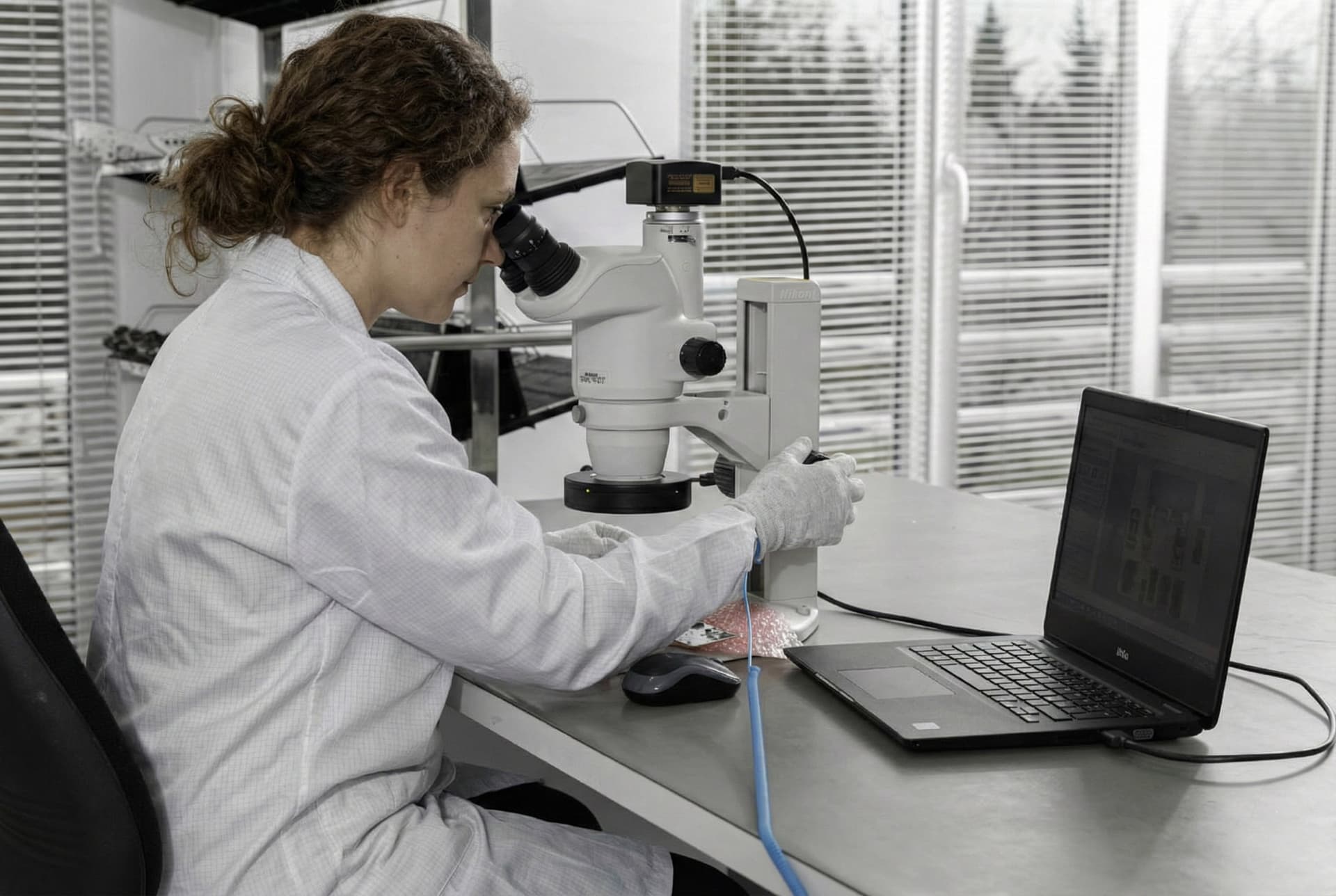 Desaturated microscope scene inside Positrone laboratory