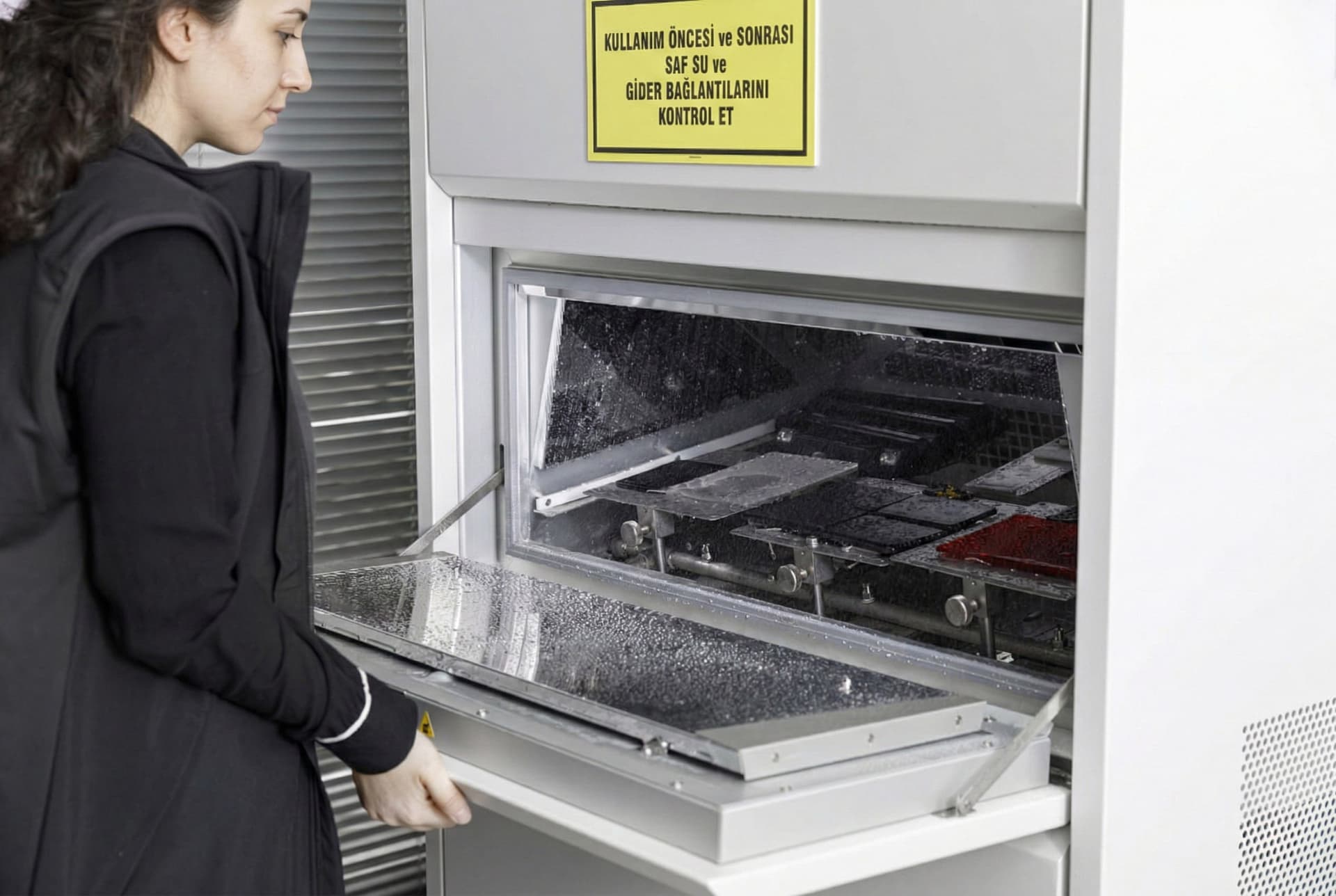 Salt spray corrosion chamber with test panels inside